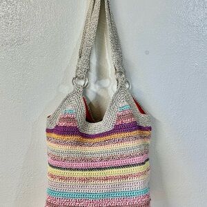 The Sak Knit Crochet Bag Gray Colorful Stripes Casual Shoulder Tote Purse